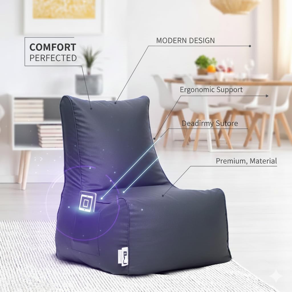 BJ ALUMINIUM Bean Bag Chair for Adults & Kids | High Back Support, Leatherette Bean Bag with Mobile Pocket |Seating for Living Room, (Cover Only Without Bea (Black, 5XL, Bean Bag)