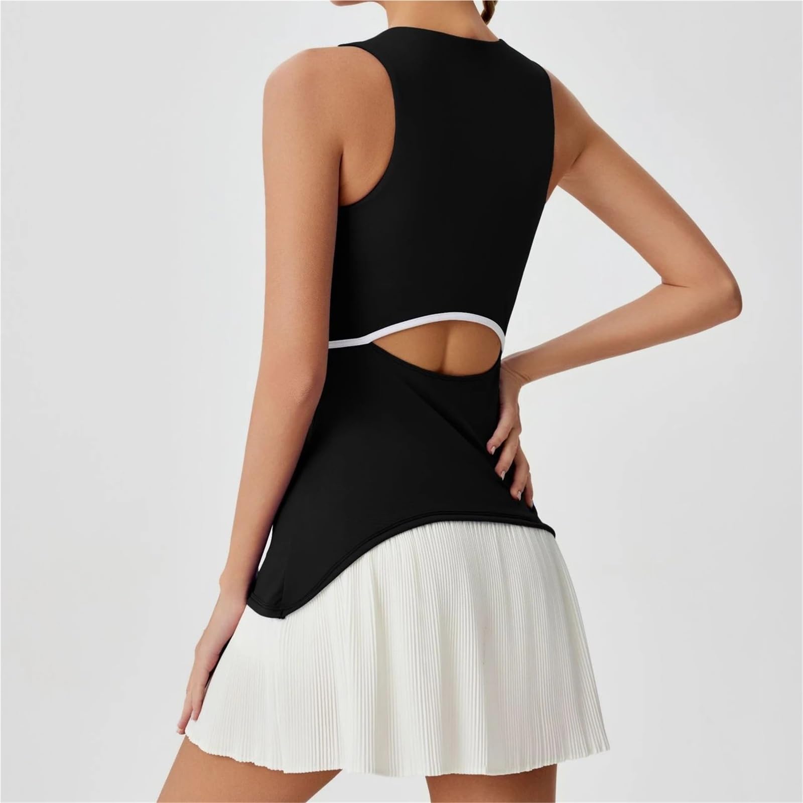 Vestido Tenis Mujer Vestido Deportivo de Verano, péndulo Plisado, antiligero, Falda Tenis Bádminton Secado rápido, Espalda Hueca, Traje Yoga Golf una Pieza