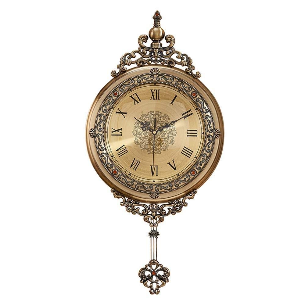 QMMDRetro Metal European Wall Clock With Roman Numerals Openwork Carved Pendulum Bronze For Living Room Bedroom 32 * 64cm