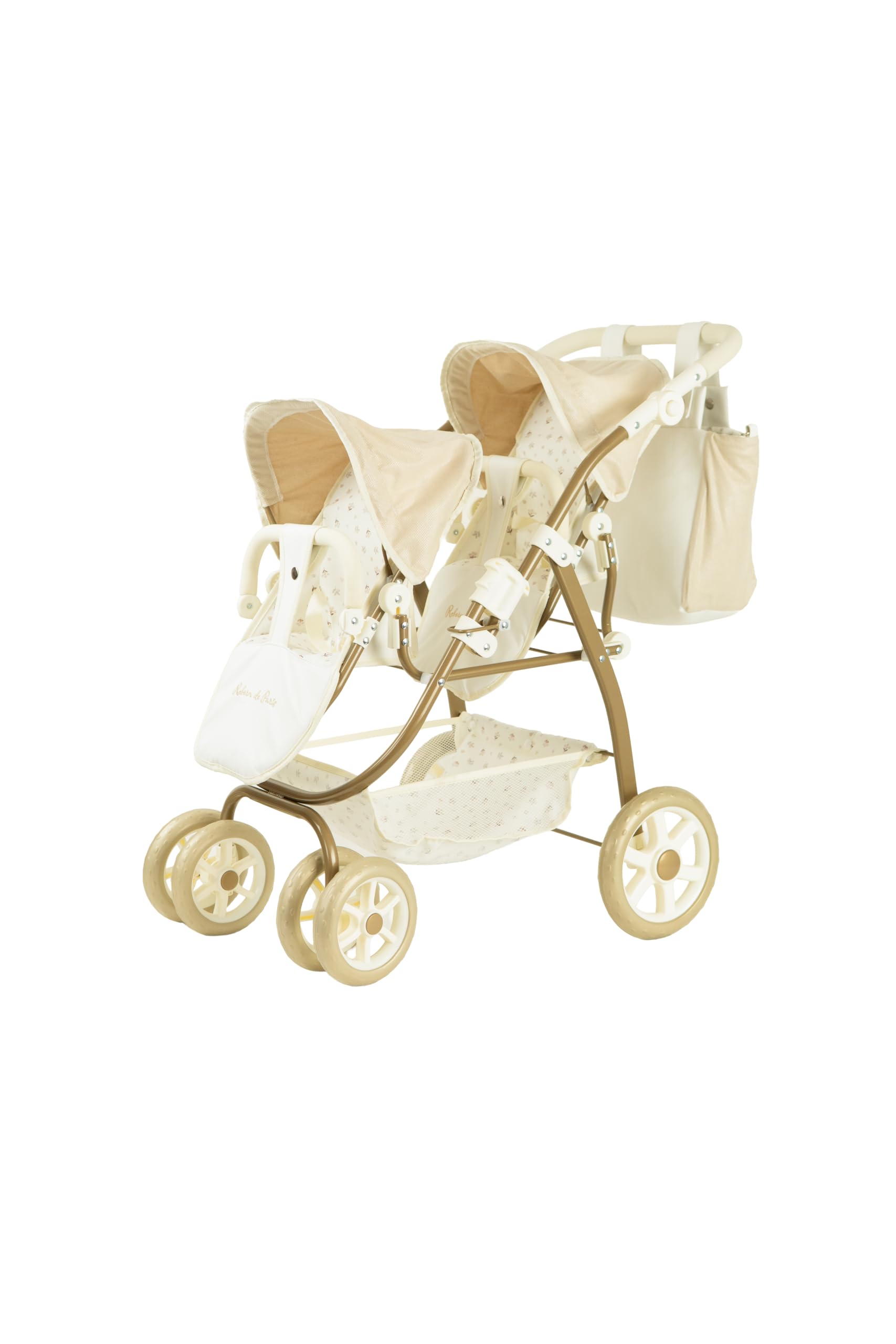 Coche Gemelar para Muñecos Reborn de París, Carrito con Bolso, 45x70x73 cm, Altura Manillar 47-77 cm, +3 Años