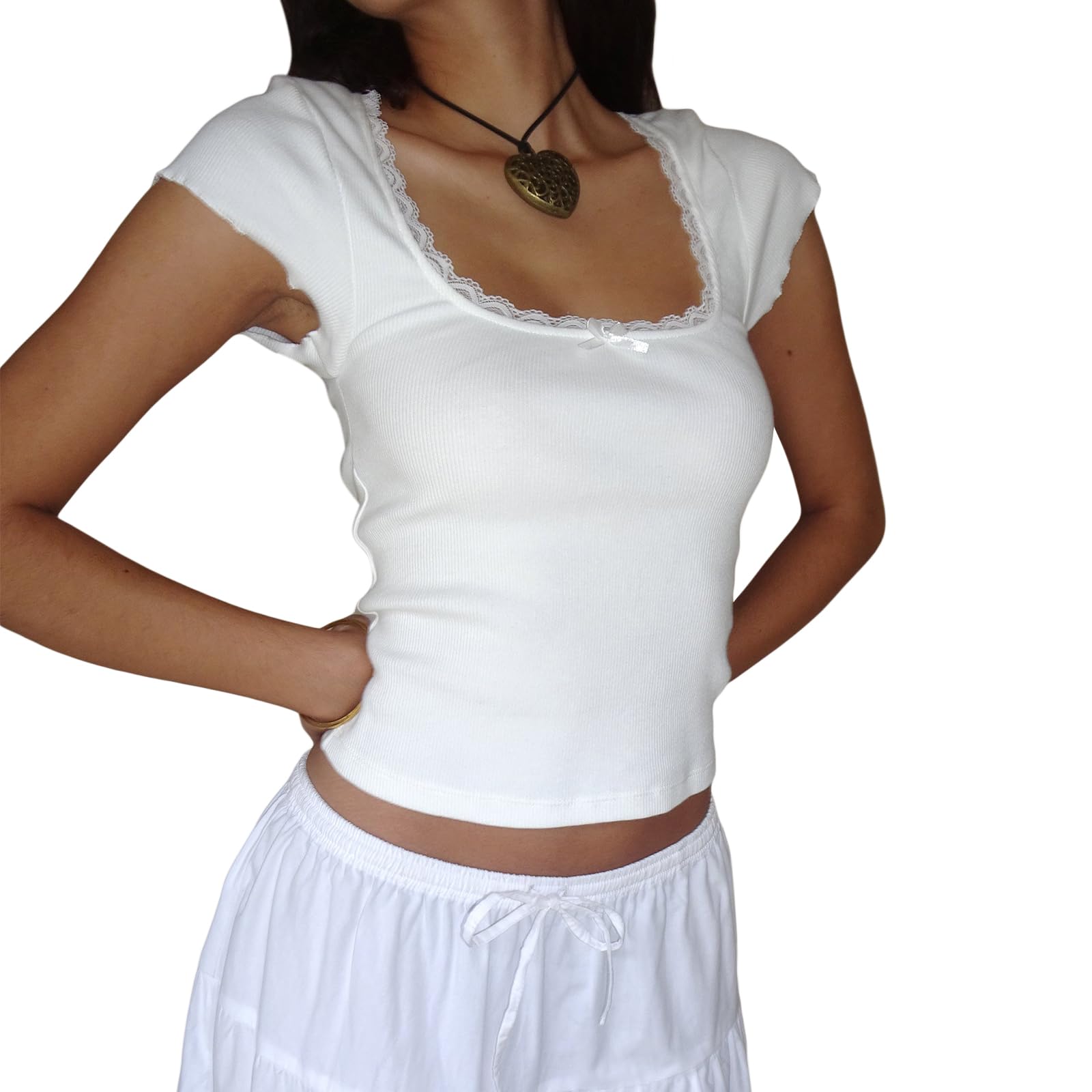 Womens E-Girls Short Sleeve T-Shirt Y2k Lace Trim Crop Tops Crewneck Fairy Grunge Tee Tops Aesthetic Summer Clothes: Large White Lace