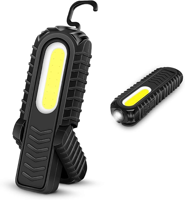 SHENKEY Rechargeable Inspection Lamp,Super Bright LED Work Light Front 5W 380 Lumen COB LED and Top 3W LED Torch With Adjustable Stand, Hook and Magnet Base for Workshop Auto Emergency Use (Black)