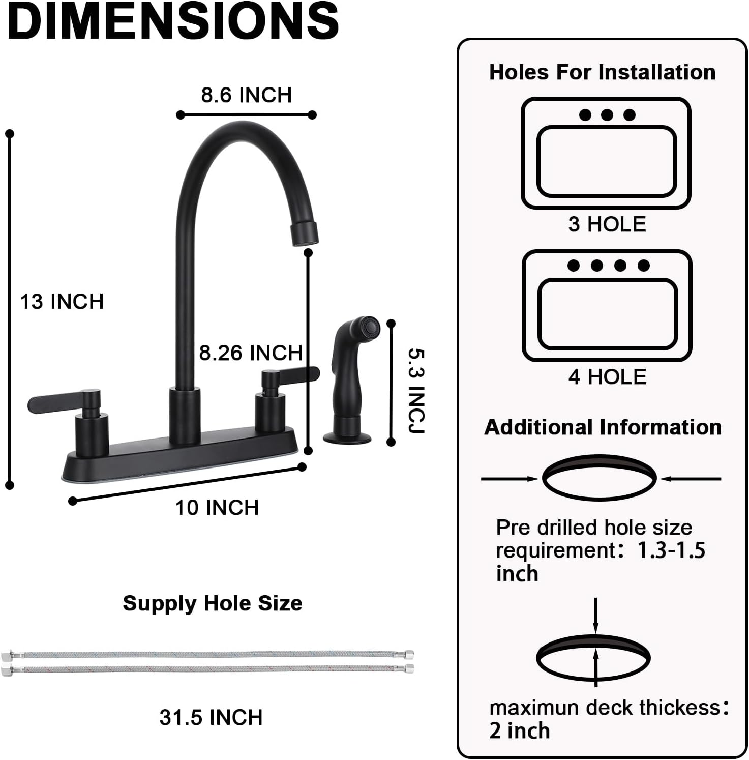 VAPSINT Black Kitchen Faucet with Side Sprayer, Matte Black 2 Handle Faucet for Kitchen Sink with Pull Out Sprayer, Stainless Steel 8 inch High Arc Faucets 3 or 4 Hole for Rv Camper Laundry