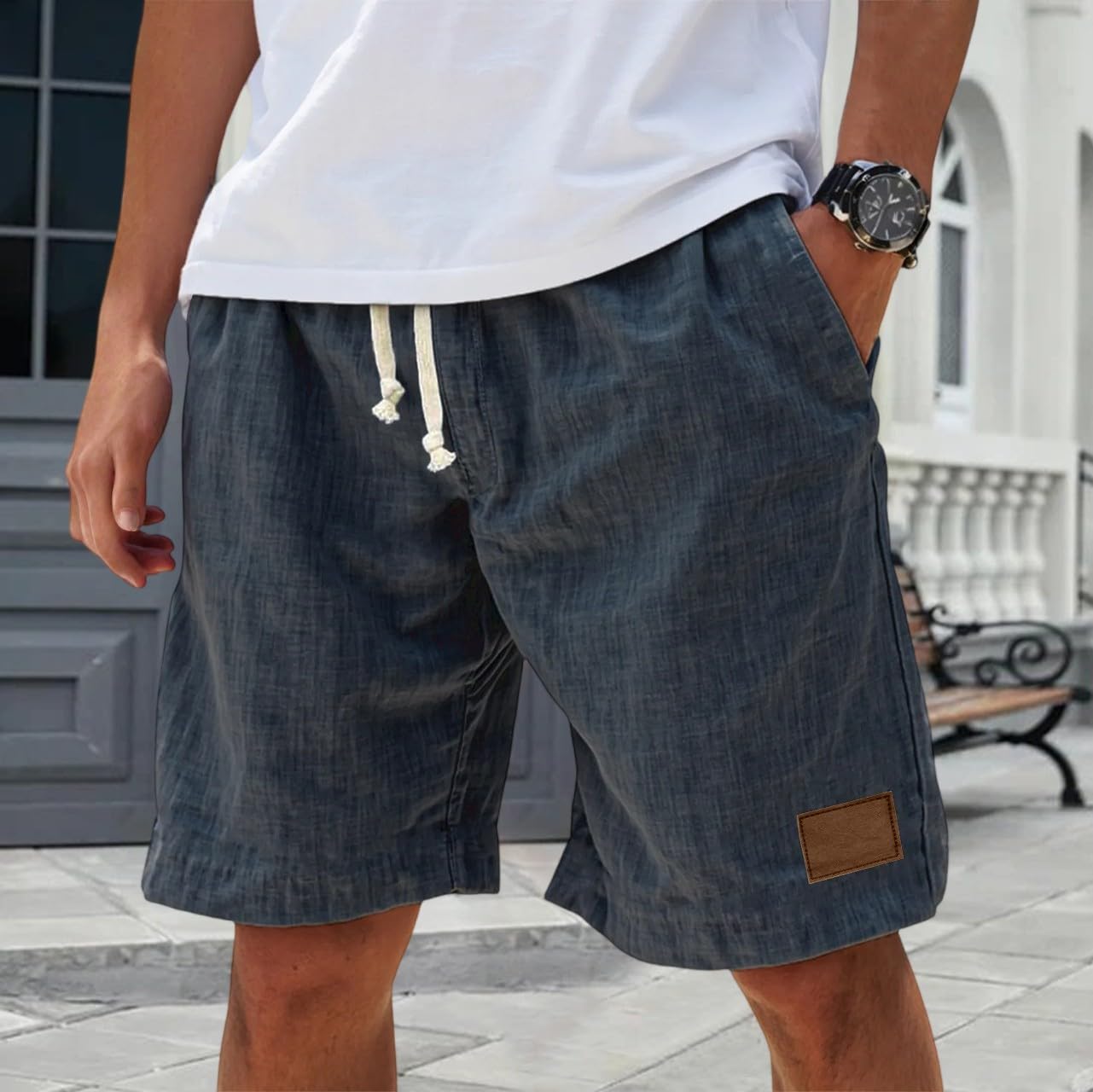 Shorts Herren aus Leinen Luftige Einfarbige Lockere Passform Freizeit Kurze Hose Sommer leichte und Bequeme Strandshorts.