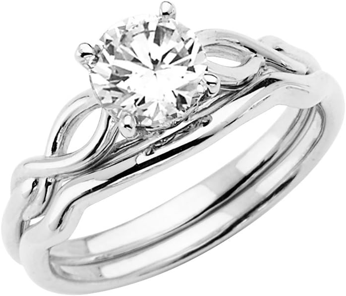 Wellingsale Ladies Solid 14k Yellow -OR- White Gold Polished Round 4 Prong CZ Cubic Zirconia Split Shank Infinity Design Solitaire Engagement Ring + Wedding Band Bridal Set