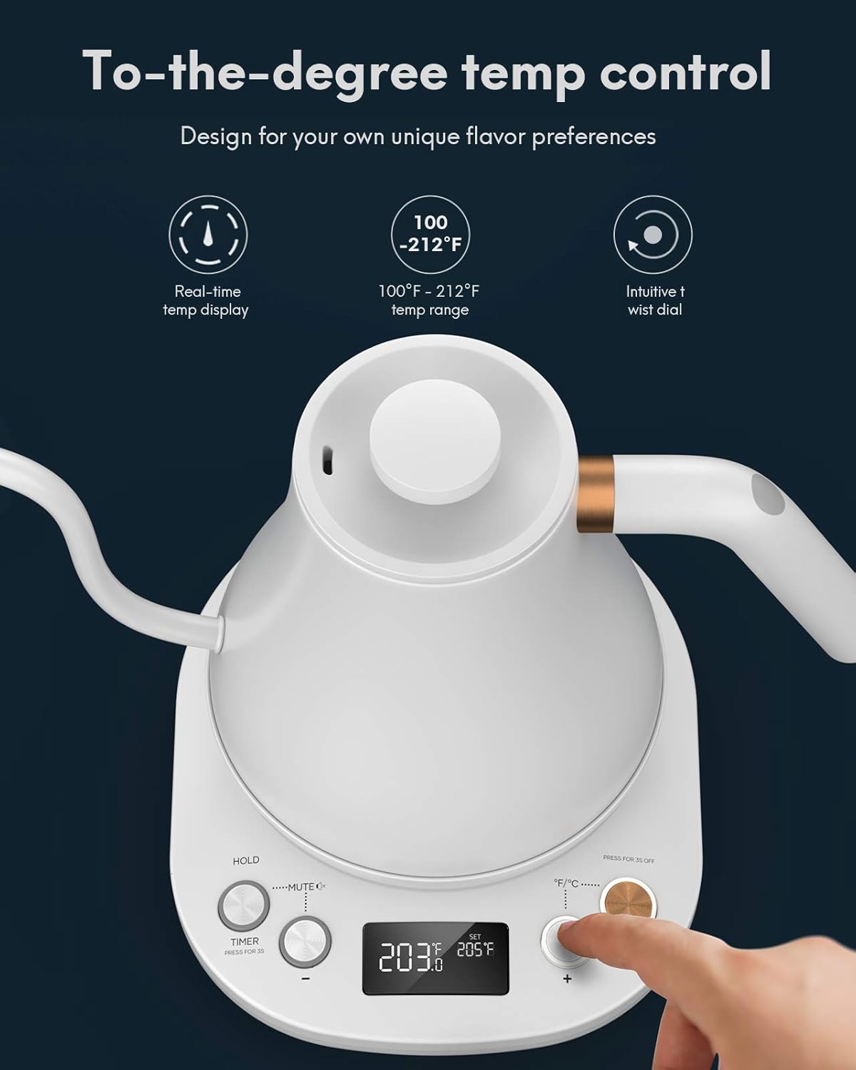 Electric Gooseneck Kettle Temperature Control, Pour Over Kettle for Coffee and Tea, 100% Stainless Steel Inner Lid and Bottom, 1200W Rapid Heating,0.8L, Built-in StopWatch, Matt White.: Home & Kitchen