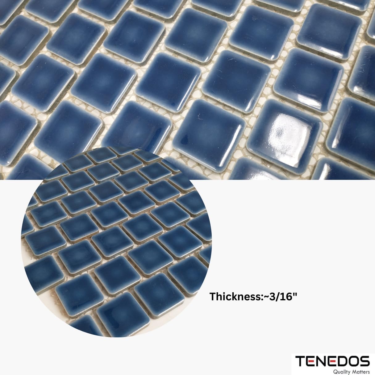 Tenedos TPLD-NVYBL-1X1 Queen Blue Brick 1 1/8 inch Square Glossy Porcelain Floor Wall Pool Tile Backsplash for Kitchen, Bathroom Shower Accent Decor (10)