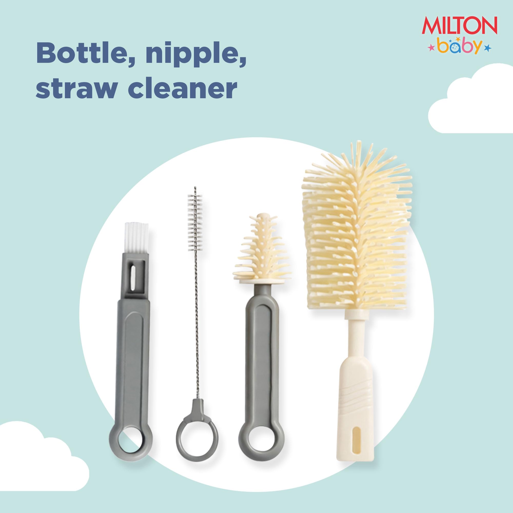Milton Baby 5-in-1 Travel Bottle Cleaner Kit I Bottle, Nipple & Straw Cleaner I BPA Free - Food Grade Silicone Brush,Compact Soap Dispenser,Drying Rack,Home And Travel Essential, Elephant Print, Cream 3