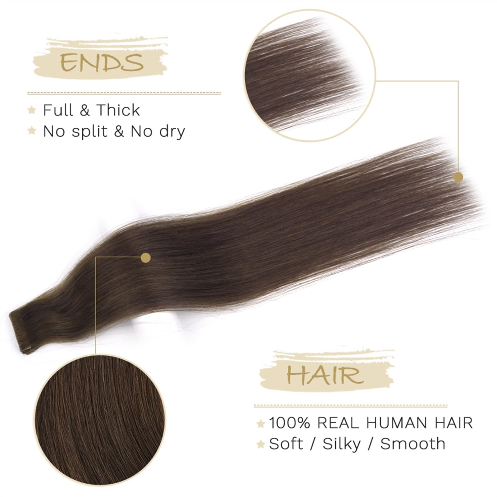 Cinta Adhesiva de Trama de Piel de PU for Extensiones de Cabello con Cinta Adhesiva de salón, Cabello Humano Real, 100% Remy, Natural, 12/16/20/24 Pulgadas, Liso(20 Inches)