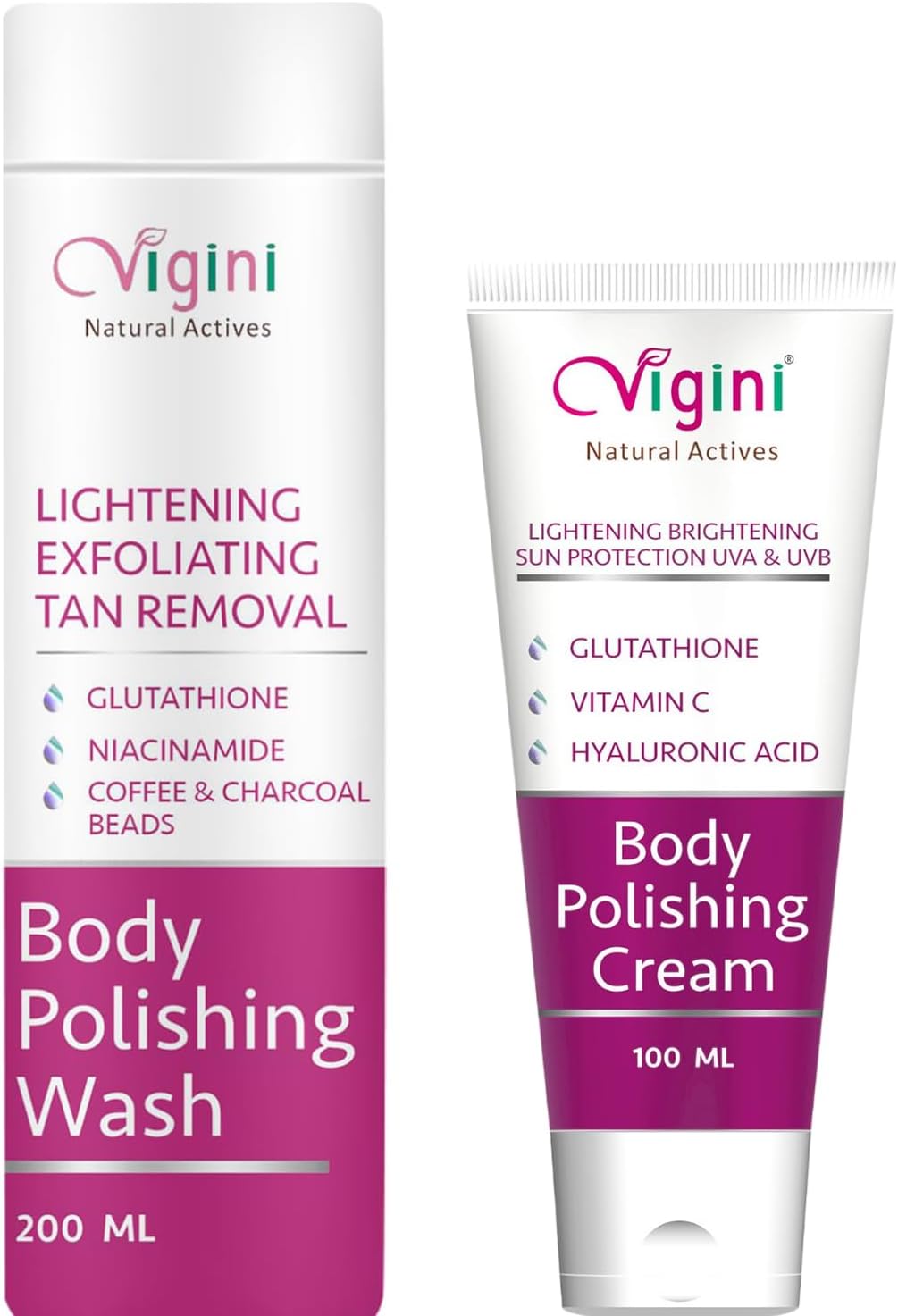 Vigini Exfoliating Pigmentation Dark Spots Dull Skin DeTan Dtan Removal Glutathione Coffee Scrub Body Wash & 1% Kojic Acid Vitamin C Lightening Brightening Moisturizer Body Cream Men Women 300 ml
