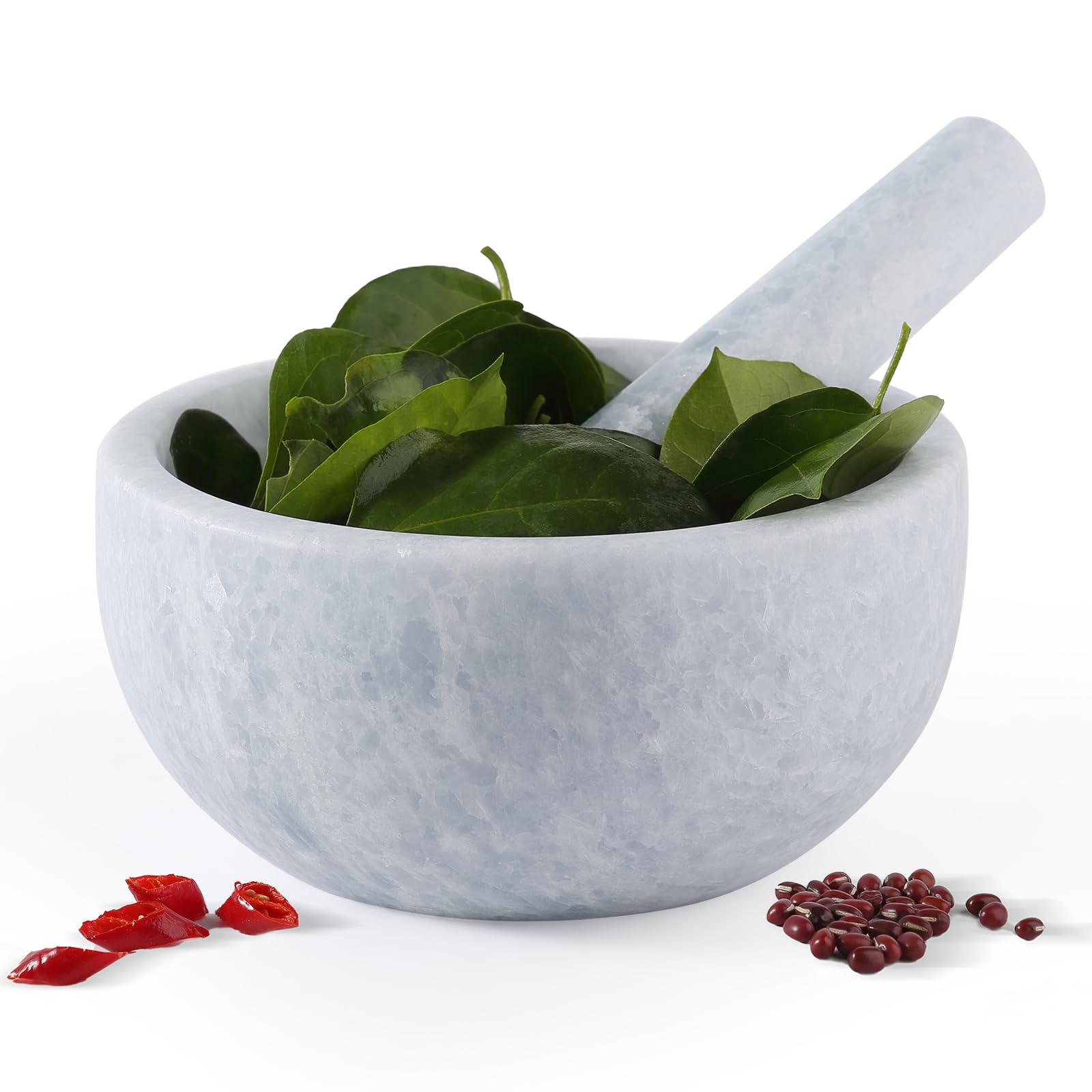 Koville Mörser und Stößel aus afrikanischem Naturmarmor, 4 Tassen, Mühle für Guacamole, Salsa, Pillenzerkleinerer, Gewürze, Kräuter, Knoblauch, Nüsse, robuste Mühle für die Küche (Namib Sky)