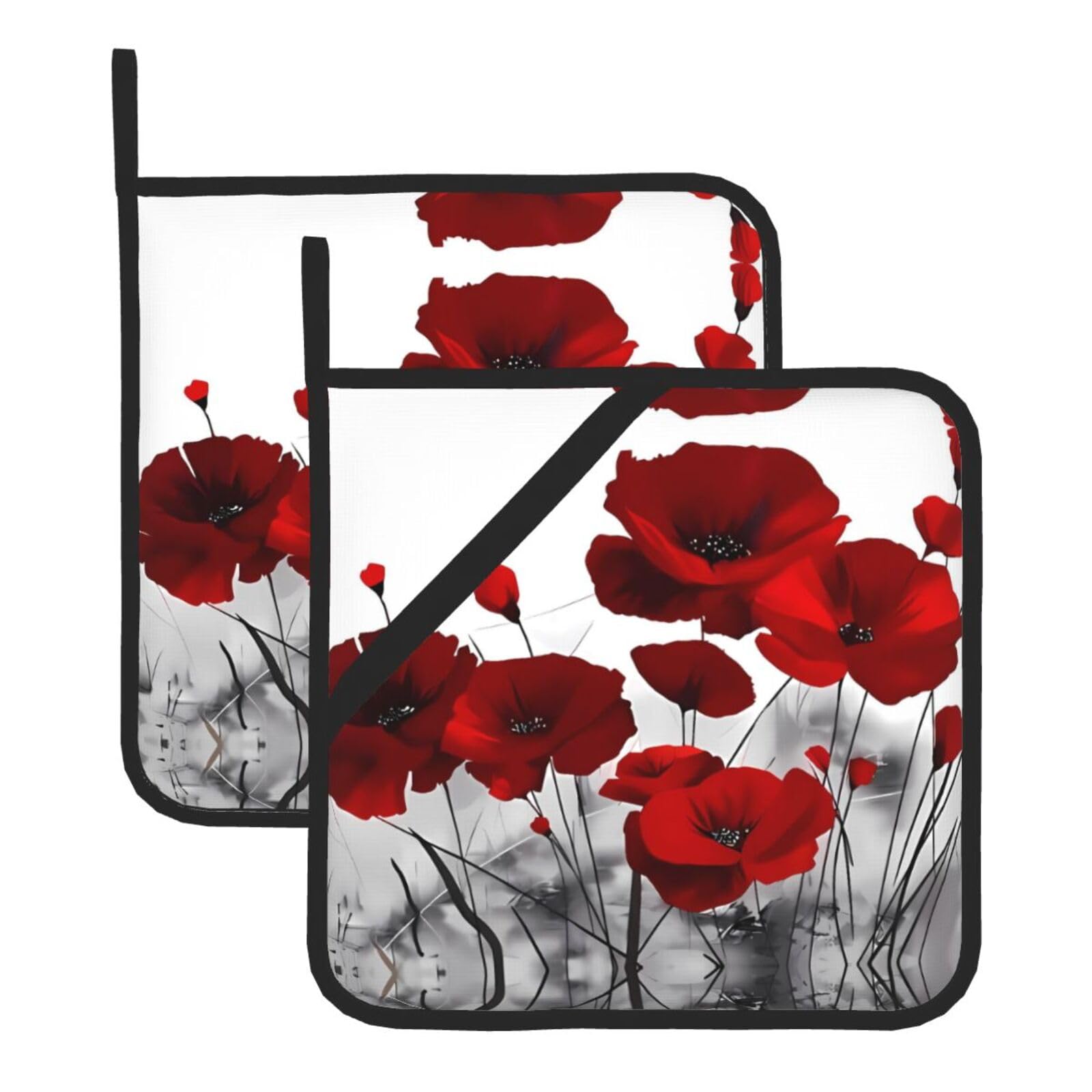 WHJSSF Red Poppy Flower Prints Square Pot Holders - Heat Resistant Kitchen Trivets 2-Pack - Waterproof Covers for Hot Dishes, Oven & Grill with Hanging Loop