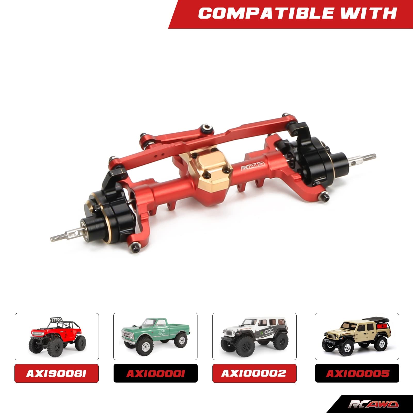 RCAWD Front Portal Axle Set for Axial SCX24 Upgrades Housing with Steel Gears& Brass Worm Gears& Brass Third Member Housing& Brass Hex, Aluminum Hop Ups Parts #AXI31609 Red