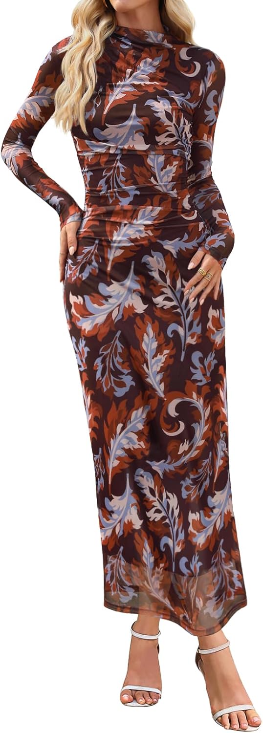 MEROKEETY Women's Long Sleeve Fall Wedding Guest Dress 2025 Bodycon Floral Mesh Ruched Cocktail Maxi Dresses