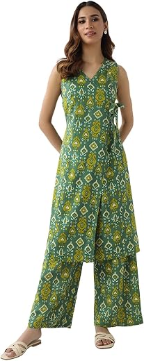 FIORRA Women's Green Cotton Straight Kurta with Palazzo