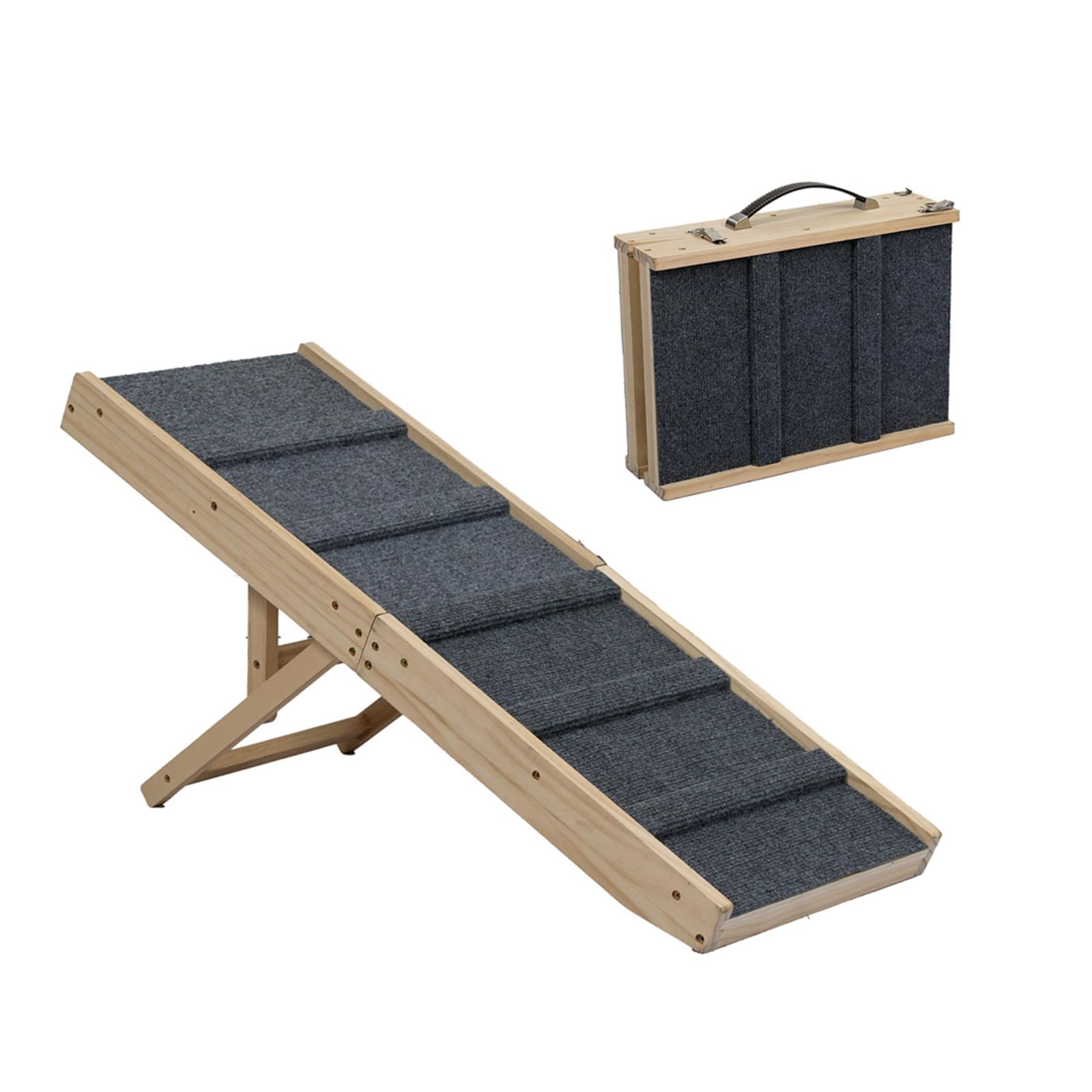 Skylos Wooden Dog Ramp for Bed, 3 Height Adjustable Pet Ramp for Small Medium Dogs, Folding Dogs Sofa Ramps, Non-slip Carpet Safety Dog Ladder for Sofa, Bed, Couch, 90x35cm