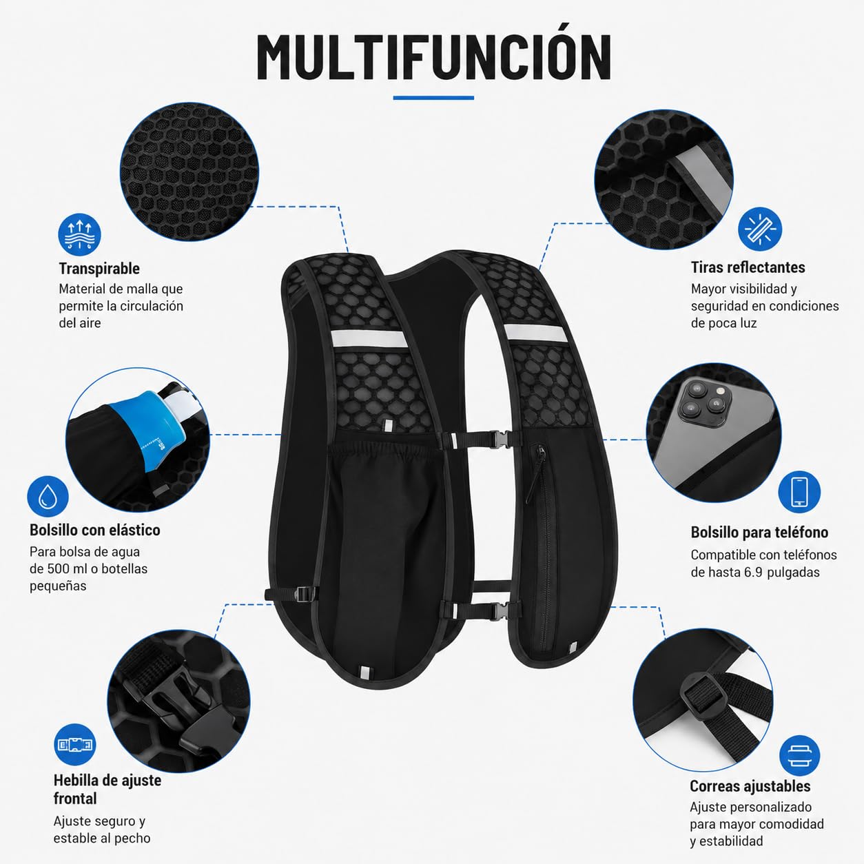 Chaleco Running Hombre Mujer con Botella 250 ml, Chaleco Hidratación Trail Running Ultraligero, Mochila Running Transpirable con Bolsillo para Móvil y Ajuste Reflectante para Correr