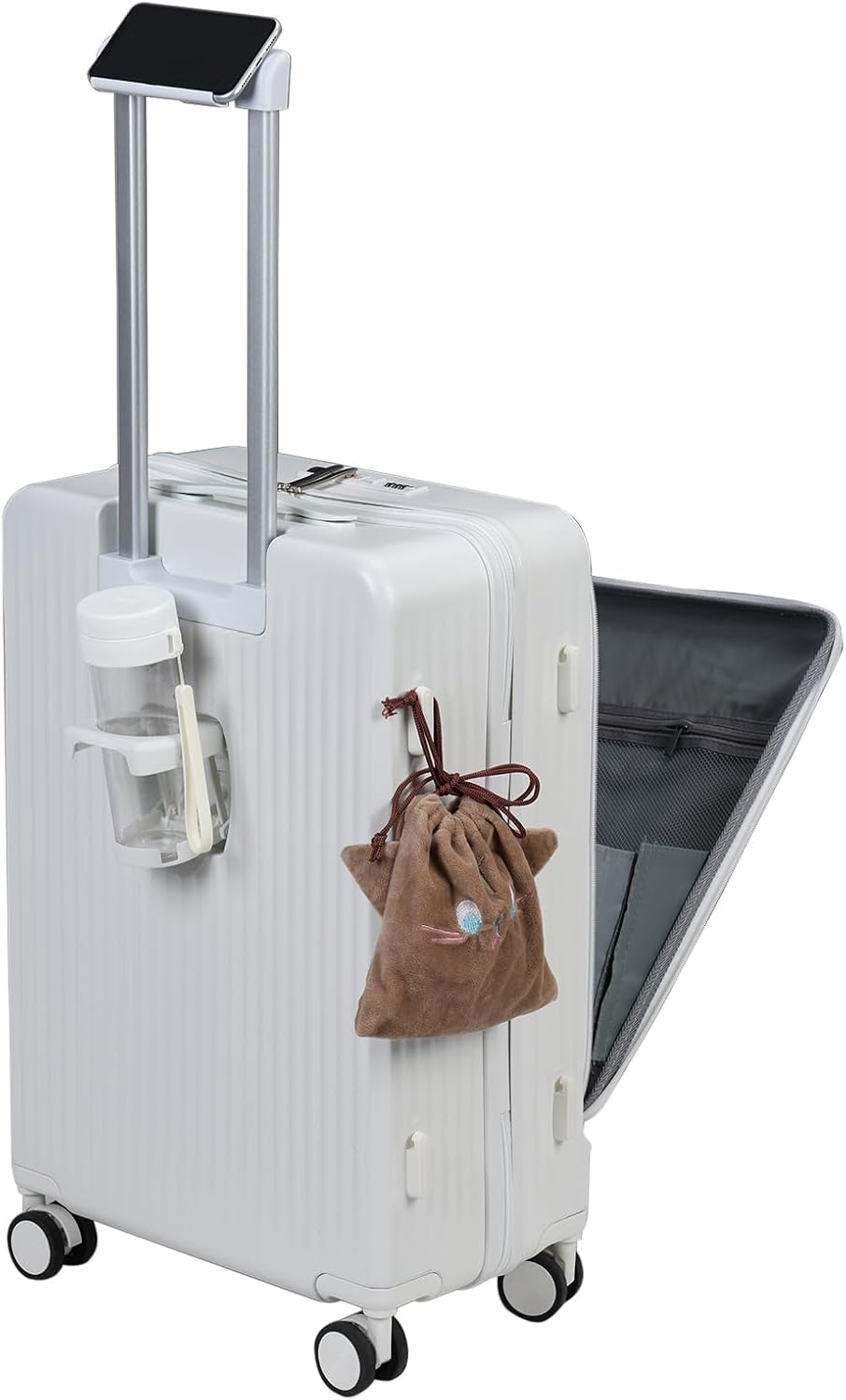 24in Aluminium Frame Hardside Expandable Spinner Wheel Luggage, Front Open Carry on Luggage, Built-in lock Carry on Suitcase, with Cup Holder & USB Type-C Charging Port & Phone Stand White