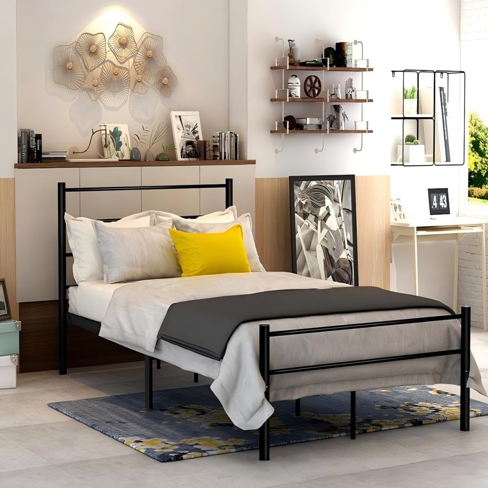 Ensemble Sommier et Matelas 90x190CM Epaisseur 14CM avec Couette Oreiller,Cadre de Lit Tete Metal,2 Colis,Assemblage Requis (90x190CM)