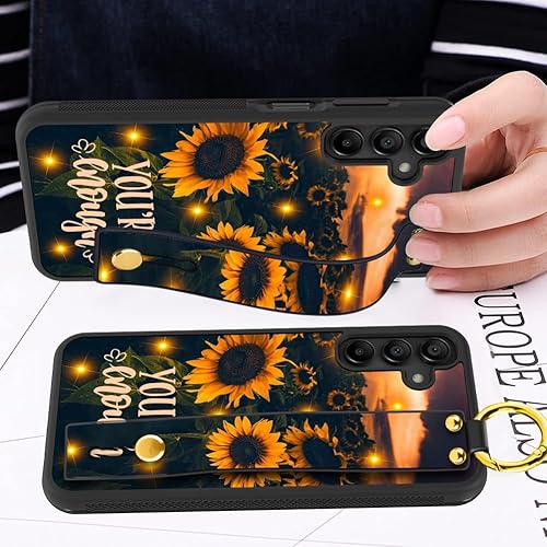 Miniatura 2 de LSL Compatible con Samsung Galaxy A15 5G Shine Girasoles Funda con correa de muñeca con soporte para mujeres y niñas, textura de neumático TPU