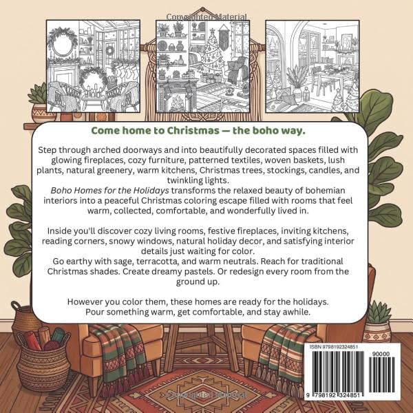 Boho Homes for the Holidays: A Cozy Christmas Coloring Book of Beautiful Boho Interiors, Festive Decor, Warm Textures, and Holiday Home Style image 3