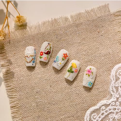 Image of Flower Nail Art Stickers Colorful Floral Nail Stickers Leaf Plant with Design 5D Embossed Self Adhesive Nails Decals Charms for Women Manicure Decoration Accessories 1 Sheets