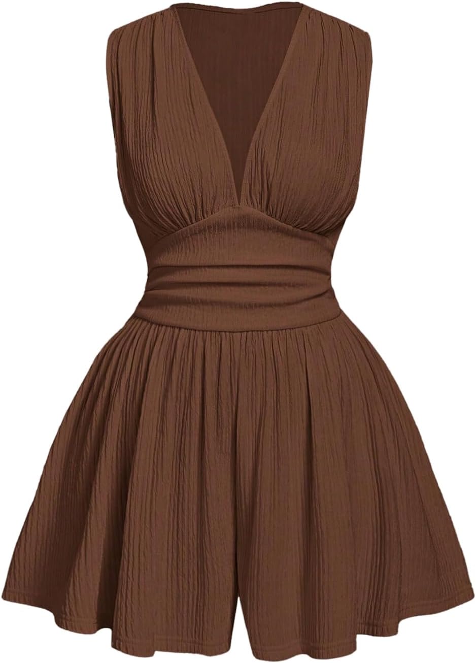 SOLY HUX Women's Plus Size Ruched Deep V Neck Romper Summer Sleeveless Wide leg Short Jumpsuits