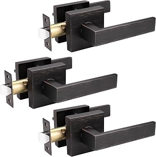 Probrico 3 Pack Heavy Duty Passage Door Lever for Closets and Hallway, Moden Square Keyless Door Handle Set with Oil Rubbed Bronze Finish, Non-Locking Interior Door Knobs