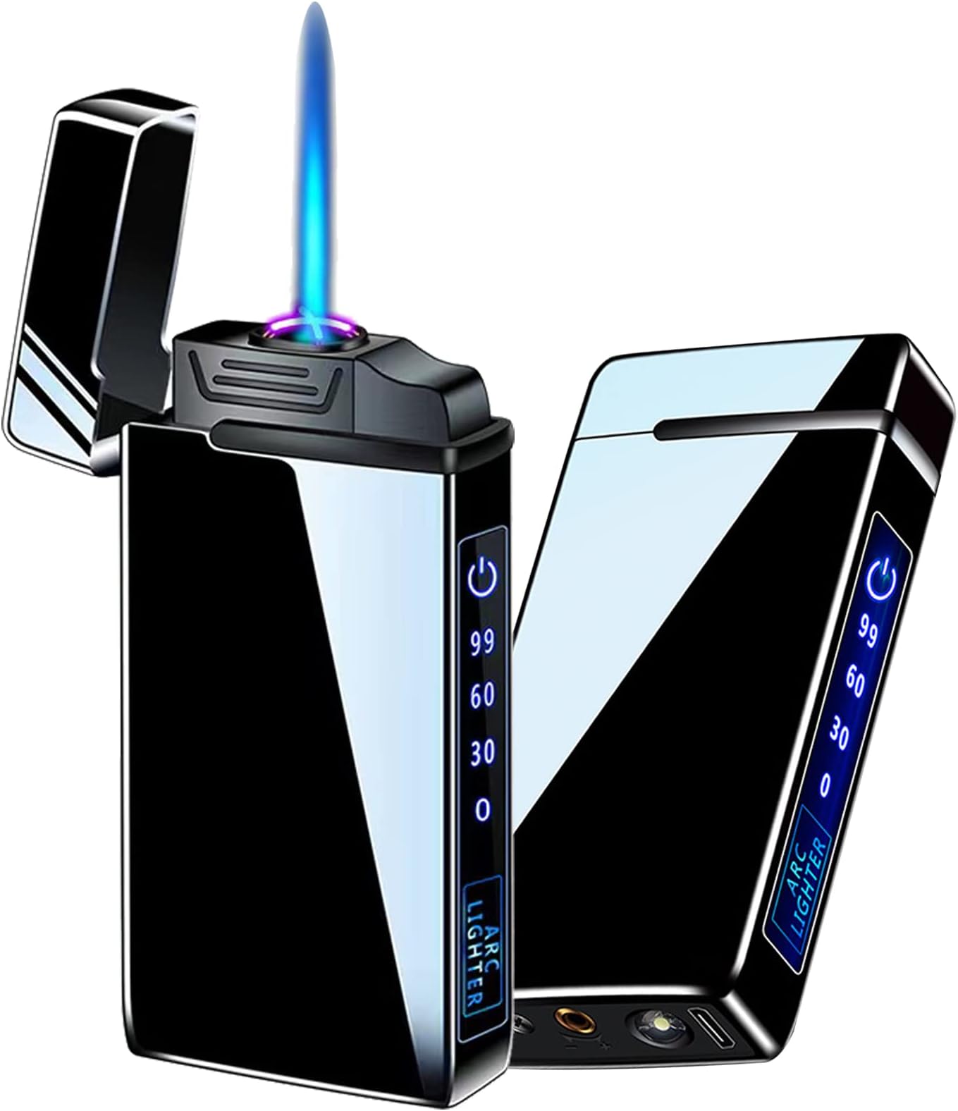 Arc Electric and Refillable Butane Jet Flame Torch Lighter 2 in 1, USB Rechargeable with LED Lighting Windproof for Fire, BBQs, Fireworks, Candle, Camping, Outdoor (Black Ice)