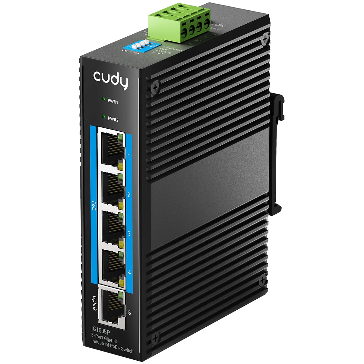 Cudy Switch PoE+ Industriale 5 Porte, 4+1, Guida DIN, -40~75C, IG1005P | 4x PoE+ 120W, 1x Uplink, Guida DIN, -40~75C, Doppio DC 48-57V, IP40, 6kV Sovratensione, Plug Play, industriale
