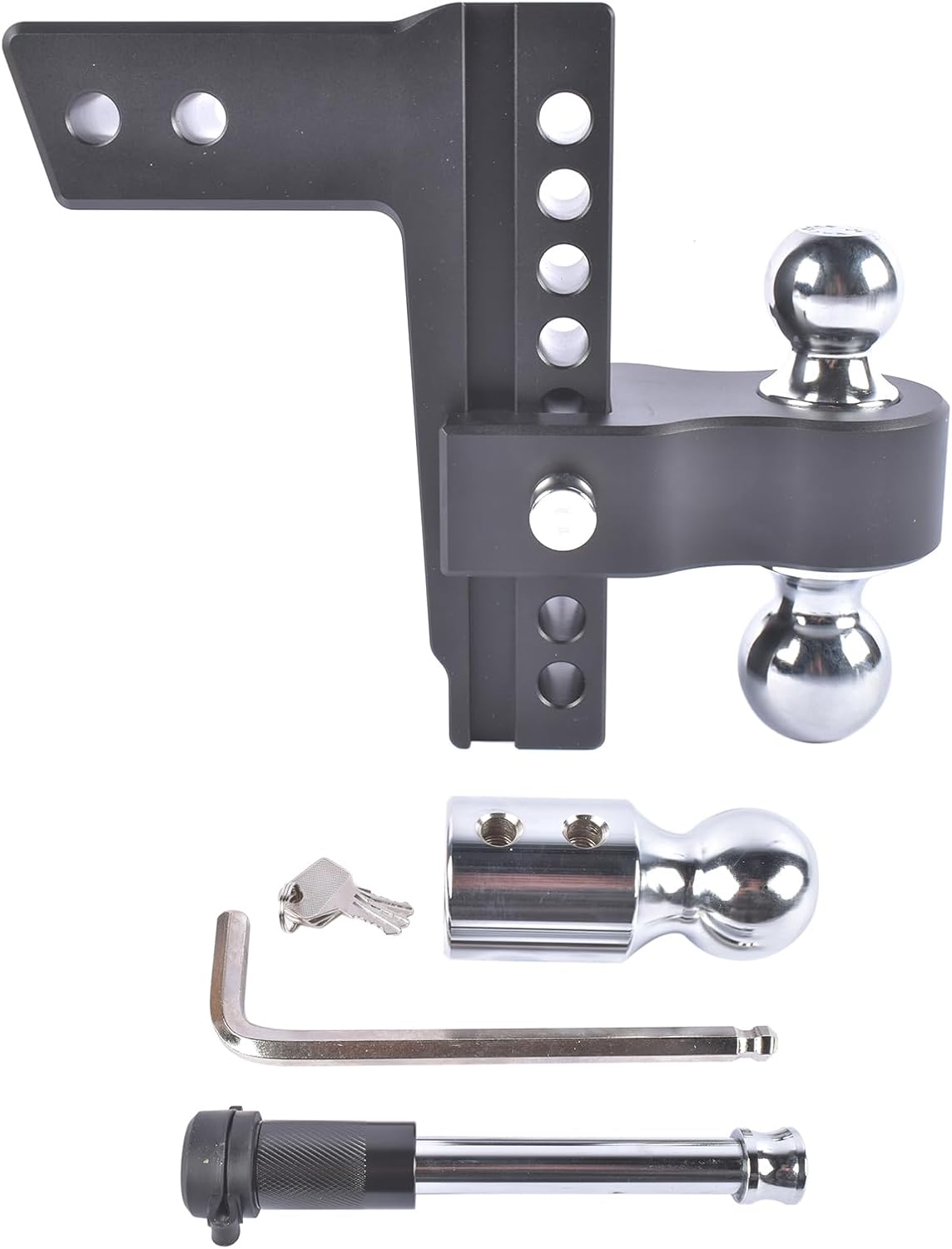 Black Adjustable Trailer Hitch Fits 2.5" Receiver | 8" Drop/Rise Heavy Duty Aluminum Drop Hitch | Tow Hitch 18500 LBS GTW | Tri-Ball (1-7/8" x 2" x 2-5/16") with Dual Pin Key Locks and a Wrench