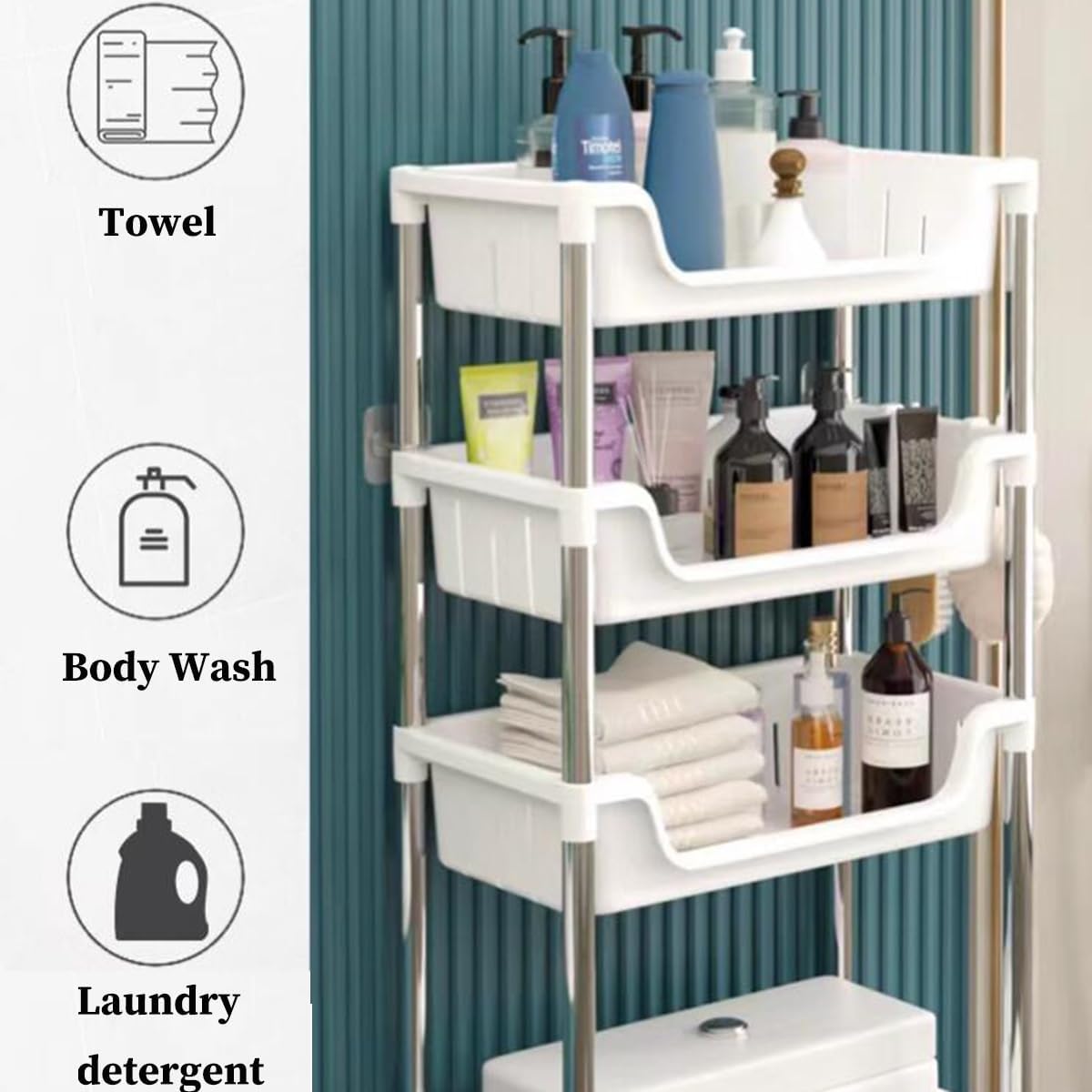 Over The Toilet Storage White, Bathroom Organizer Shelves Over The Toilet Storage Shelf, Freestanding Above Toilet Storage Shelf With Hooks, Over The Toilet Rack For Bathroom ( Color : /White , Size