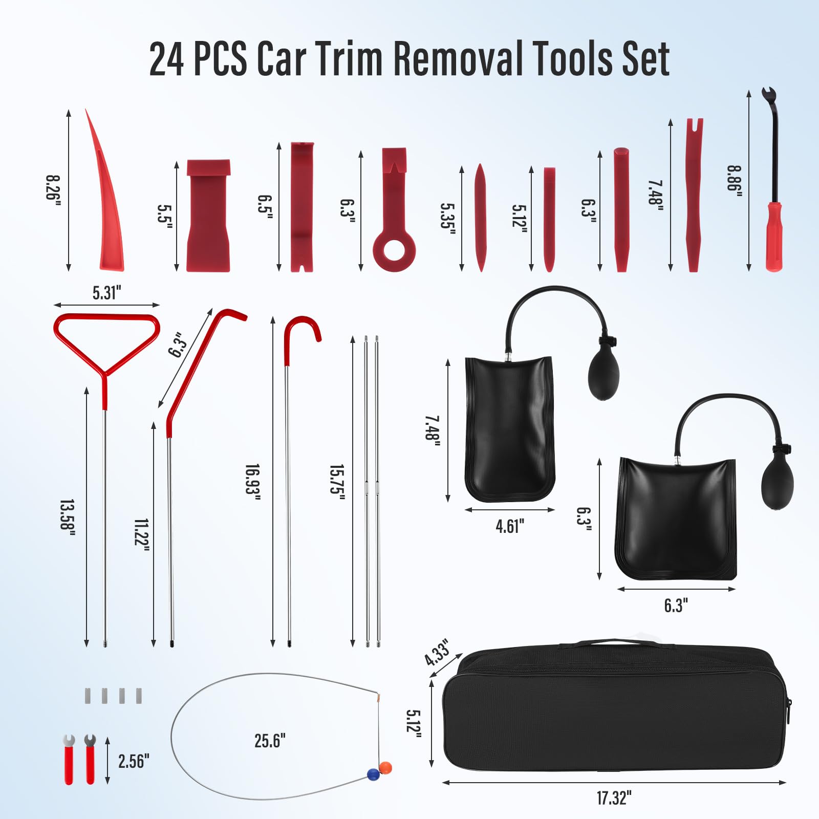 24Pcs Professional Car Tool Kit, Car Breakdown Emergency Kit Essential Automotive Tool Kit with Long Reach Grabber,Non-Marring Air Wedge Bag Pump,Portable Storage Bag, Trim Removal Tools for Car Truck