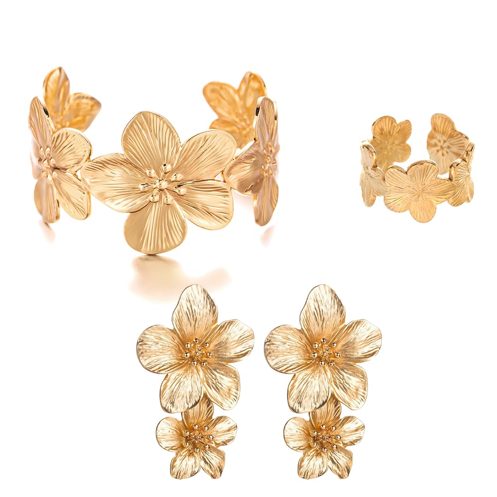 Jewellery Set Greek Goddess Accessories Women Girls Exaggerated Flowers Creative Fashion Earrings Bracelet Ring for Party Wedding Costume (Gold)