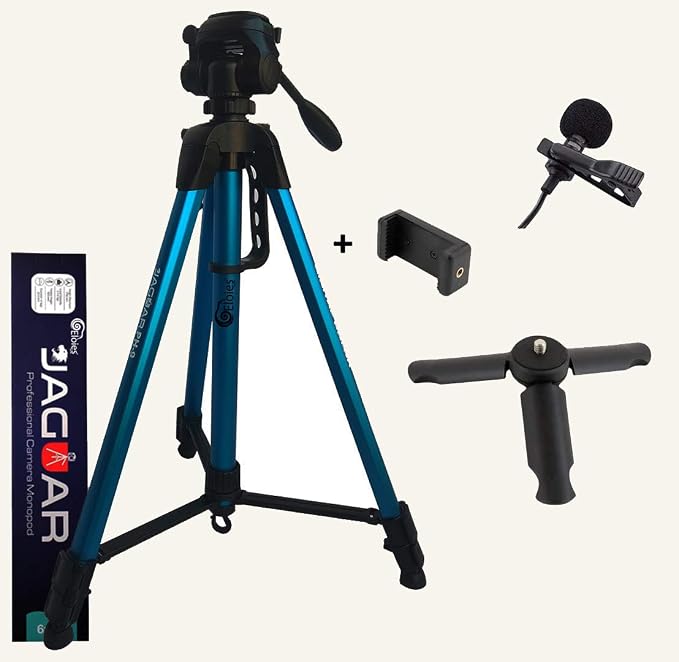 Eloies® Jaguar 3 Way Pan Head Photo Video Heavy Built Tripod Stand for Mobile Phones and Cameras Max Height 5.5 Foot Combo Pack (Blue)