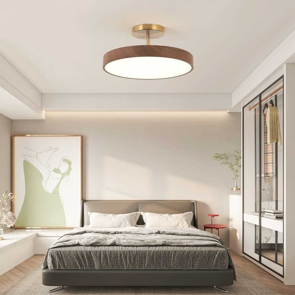 Plafon de Techo Moderno Lámpara de Techo Japonesa Moderna para Dormitorio LED de 24 W Redonda con Veta de Madera para Sala de Estar (Color Nogal)