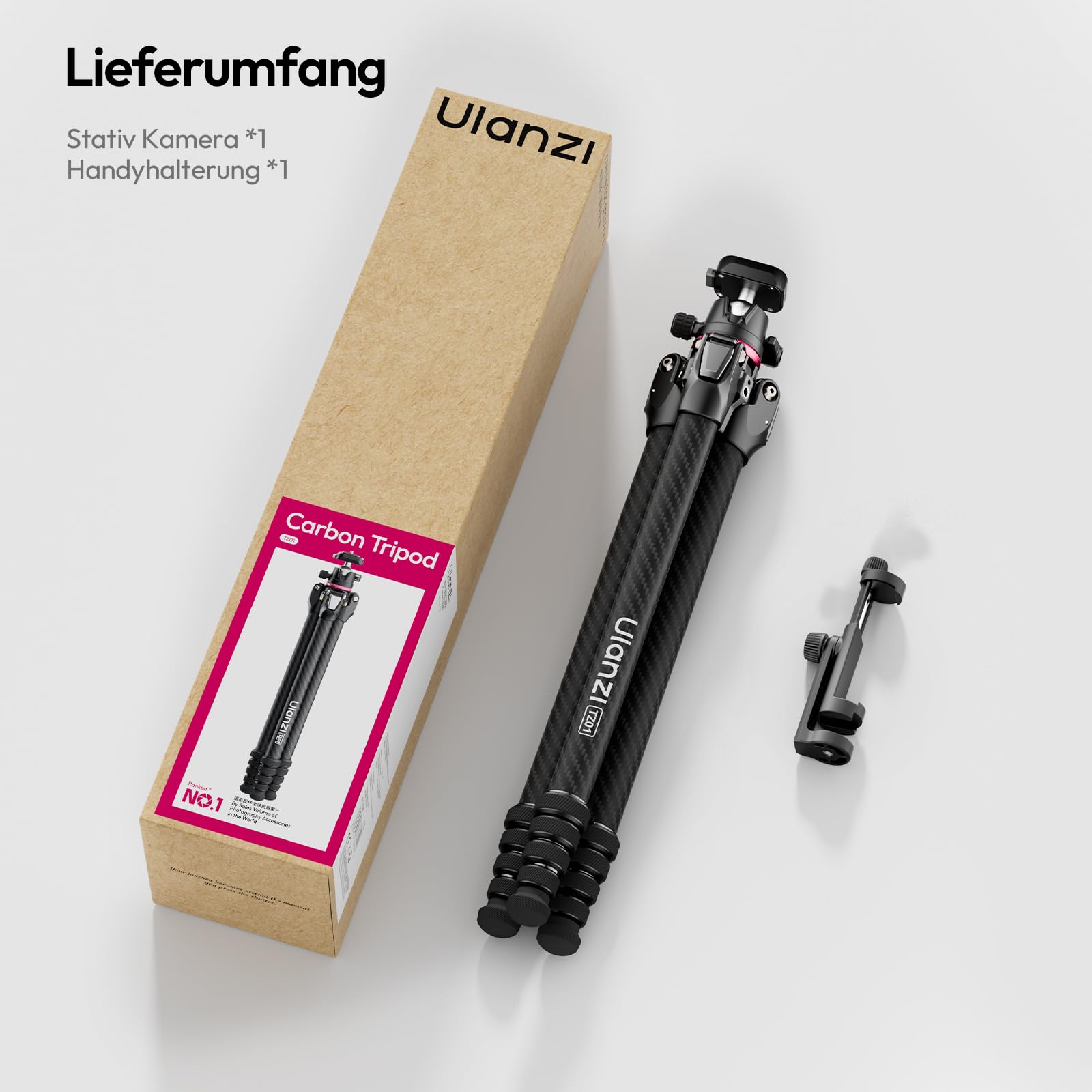 ULANZI TZ01 Carbon Stativ Kamera 160cm, Abnehmbare Mittelachse als Mini Stativ, 360° Kugelkopf mit Handyhalterung, kompatibel mit Uka & F38, 1,1kg Leichtes Reisestativ für DSLR Smartphone Vlog