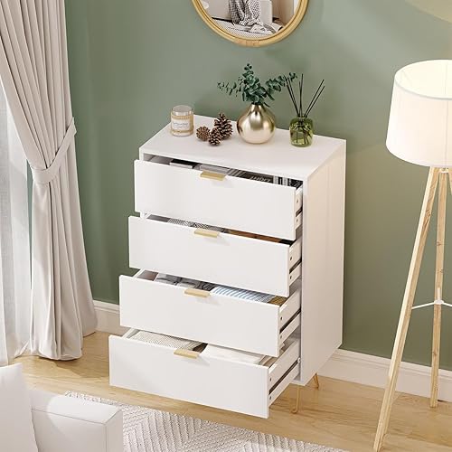Miniatura 4 de Cómoda de 4 cajones de madera blanca moderna con asas de metal dorado pequeño organizador de armario para dormitorio, sala de estar