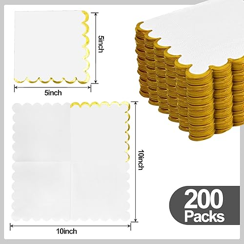 Miniatura 2 de Paquete de 200 servilletas de papel blanco y dorado festoneadas servilletas de cóctel desechables blancas para cumpleaños, baby shower, suministros