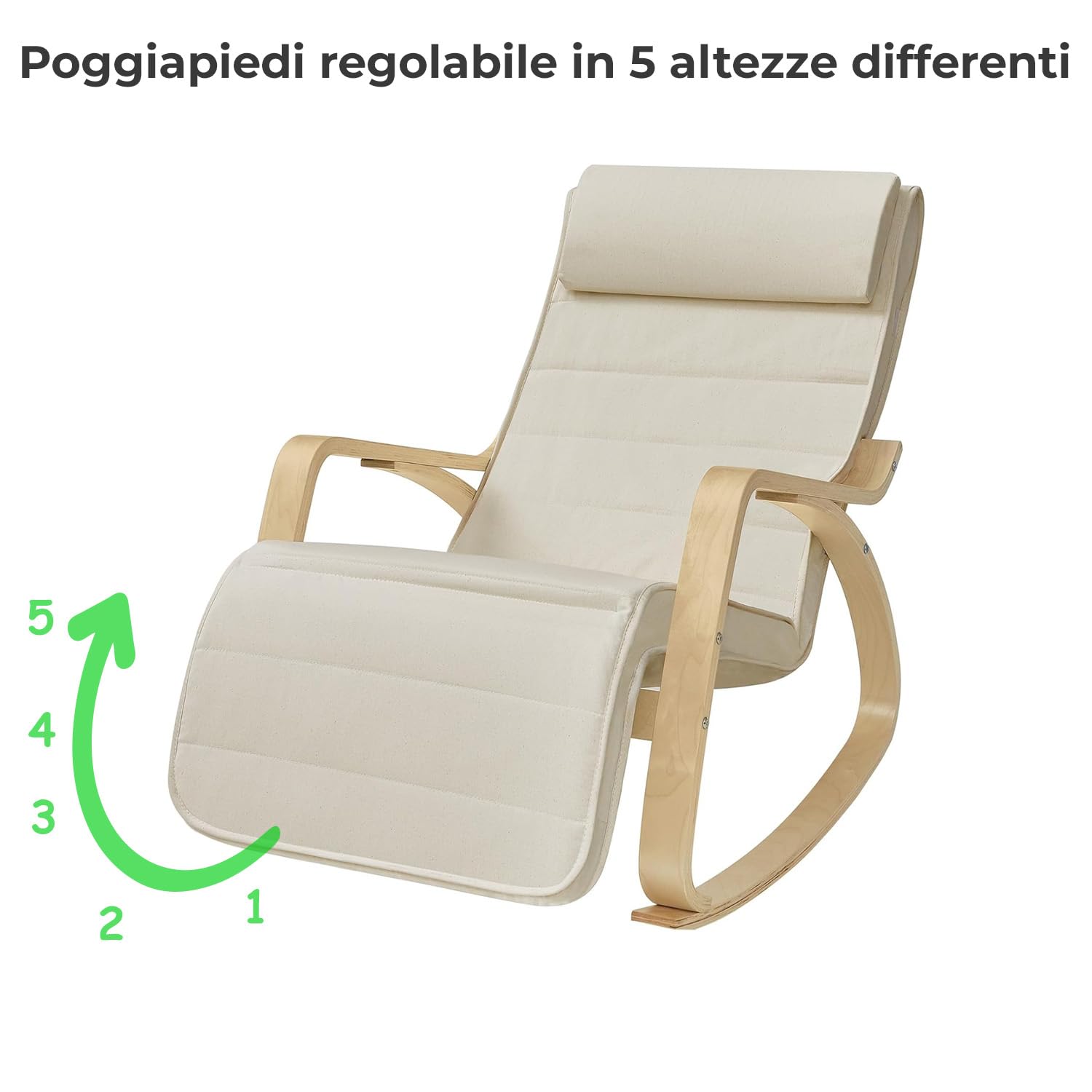 Poltrona A Dondolo Reclinabile In Legno E Metallo Con Poggiapiedi Regolabile 5 Posizioni Seduta Imbottita Sfoderabile Per Balcone Giardino Interno Esterno 121.5 x 55 x 84 Cm Beige