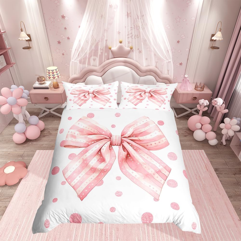 Loussiesd Coquette Bows Duvet Cover King Size Watercolor Bow Bedding Set for Boys Girls Children Pink Bows Bedding Comforter Cover Room Decor Polka Dots Bedspread Cover 3Pcs โ image 1