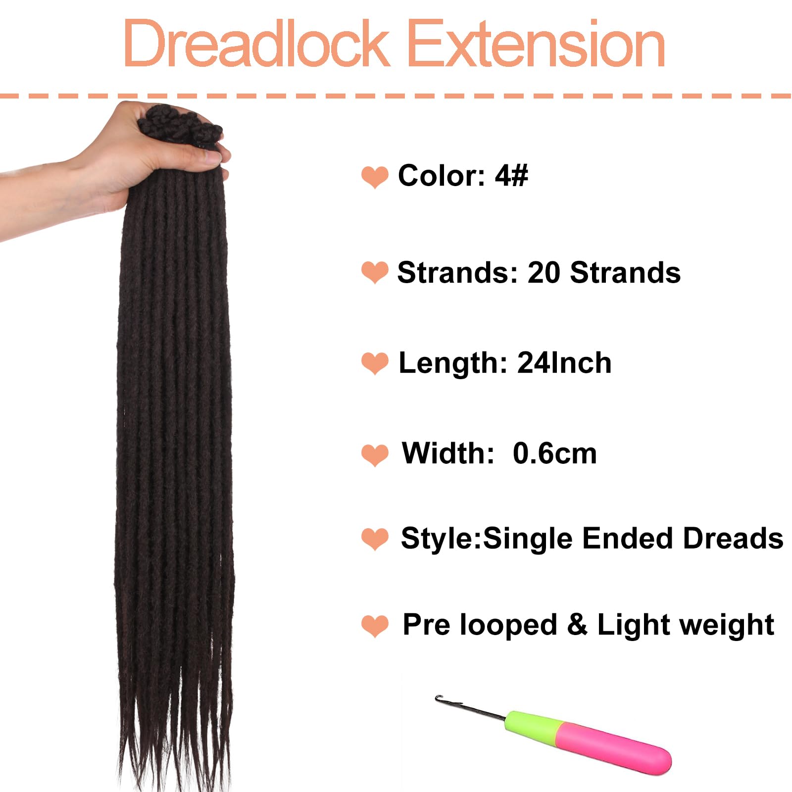 Mscat 24 Inch Synthetic Dreadlock Extensions 20 Strands SE Hippie Dreads Chocolate Brown Handmade 0.6 cm Width Loc Extensions Reggae Style Crochet Braiding Hair for Women - Image 2