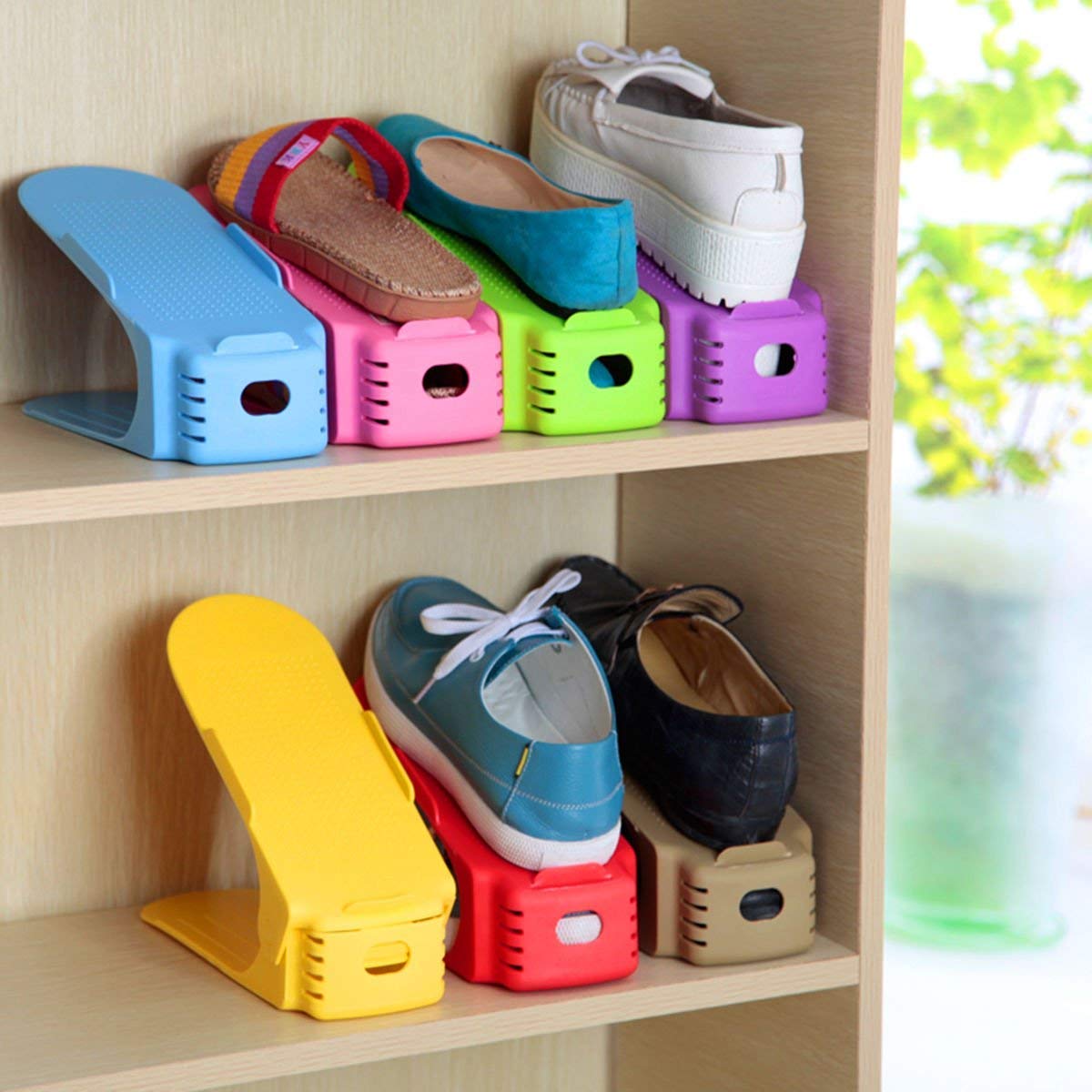 NYALKARAN Plastic Shoe Slots Organizer Space Saver Double Deck Shoe Rack Adjustable Shoe Slots for Closet Organization (Multicolor) (Pack of 8), Cm 1