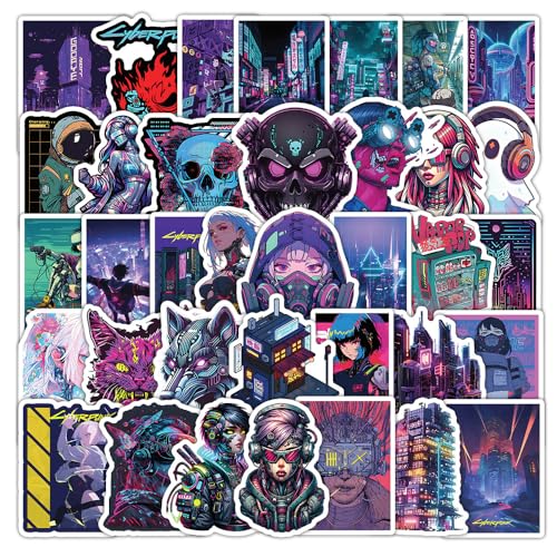 Cyberpunk und Punk Aufkleber 50 Stück Wasserdichte Trendy Coole Cyberpunk Sticker für Wasserflasche Skateboard Gepäck Handy Laptop Fahrrad Auto,Vinyl Funny Cartoon Stickers für Erwachsene Kinder