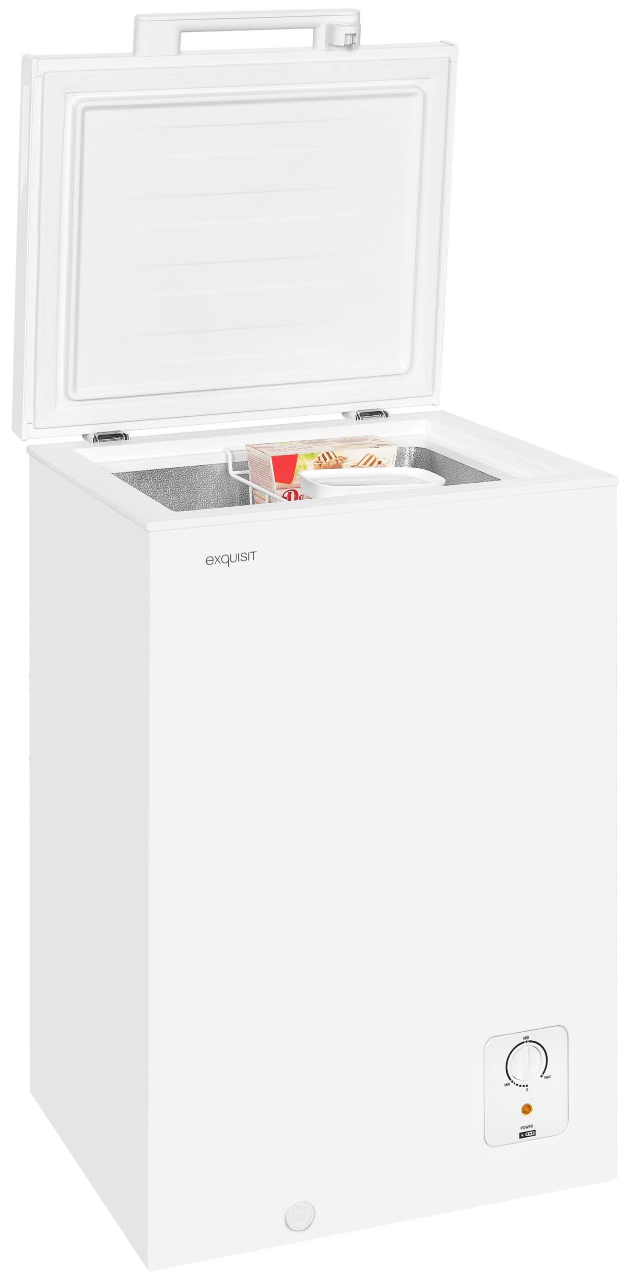 Exquisit® Congelador Horizontal 95L Blanco Clase E 4 Estrellas | 1 cesto, control manual, salida de agua para descongelar, pies regulables, tirador externo y medidas 85,4 x 54,6 x 47,9 cm