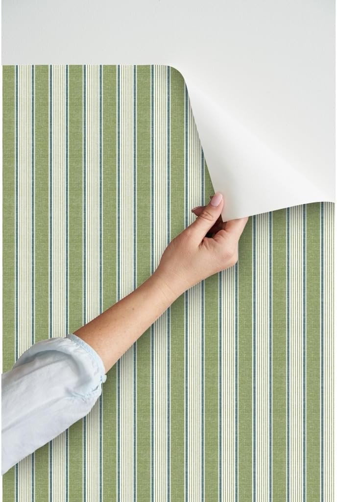 Peel & Stick Wallpaper Swatch - French Ticking Stripe Vertical Green Beige Vintage Faux Texture Custom Removable Wallpaper by Spoonflower