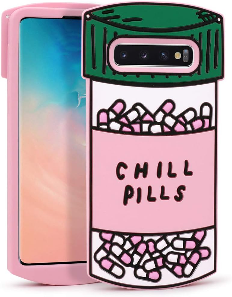 Cute case for Samsung Galaxy S10 Plus Case, Galaxy S10+ Case, Funny 3D Cartoon Chill Pills Capsule Bottle Shaped Soft Silicone Full Protection Shockproof Cases Cover for Kids Girls Women