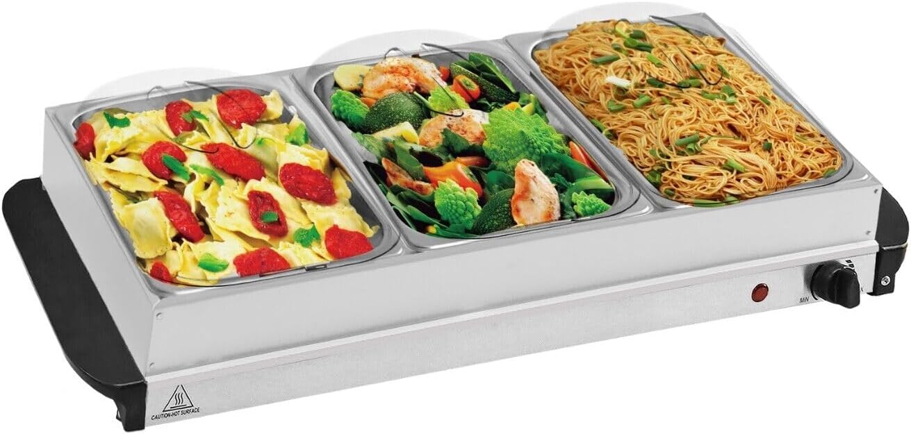 Buffet Warmer Food Server 3 Tray Hot Plate – 3 x 1.5L Large Pans Keep Food & Plates Hot for Longer –Compact Table Top Design – 200W Electric Adjustable Temperature Control ZANBEEL