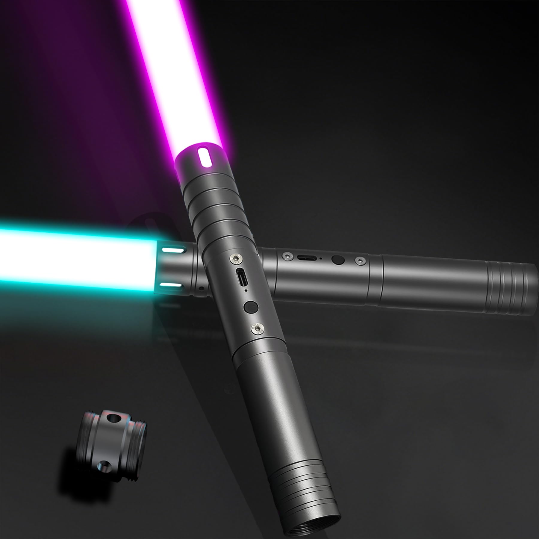 Lightsaber, Upgraded RGB 15 Colors LED Light Saber, USB Rechargeable Lightsabers with Metal Handle, with Sound Effects Toy Sword for Kids and Adults Cosplay Party Gift (60cm X 2Pc Grey)