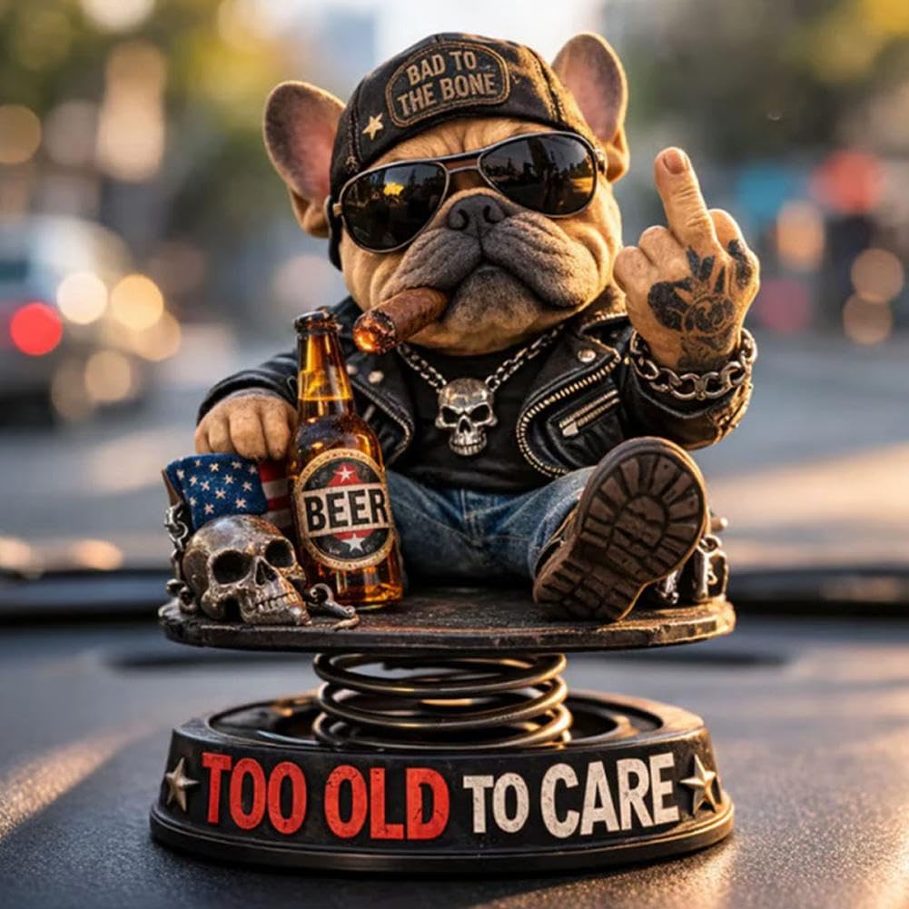 Too Old To Care Bulldog Bobblehead, Resin Nodding Dog Ornament,Stable Car Dashboard Decor for Dog Lovers,Beer Day Accessories,Gift for Bikers Dog-Lovers